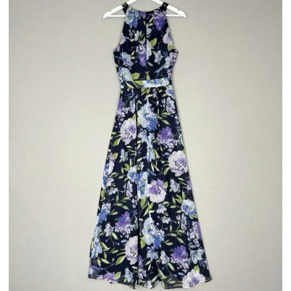 SLNY Floral Print Maxi Dress Halter Neckline Fitted Bodice Flowing Skirt Sz 12 - Picture 3 of 7